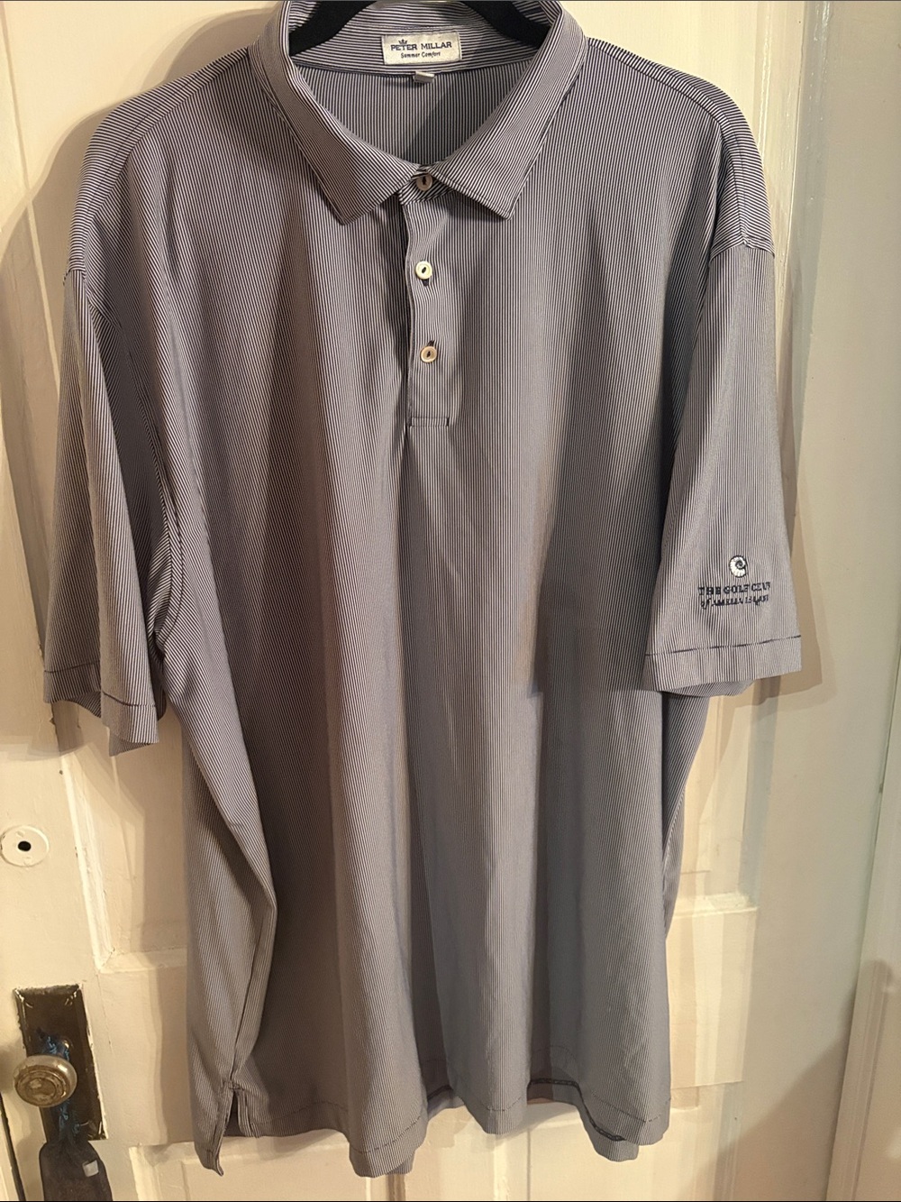 Peter Millar Navy Blue Pin Striped Short-Sleeve Performance Polo